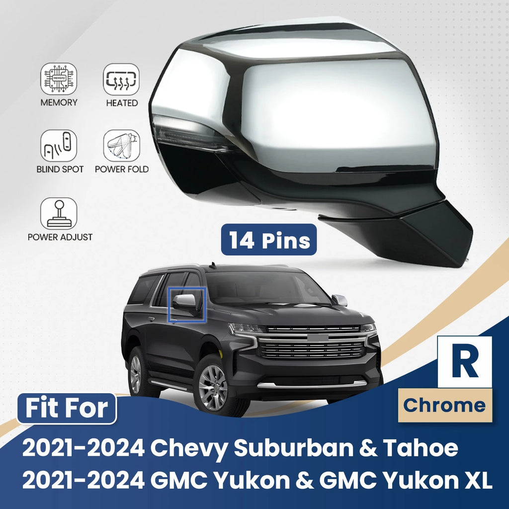 Right Side Mirror for 2021-2024 Chevy Suburban Tahoe GMC Yukon 14 Pins Chrome