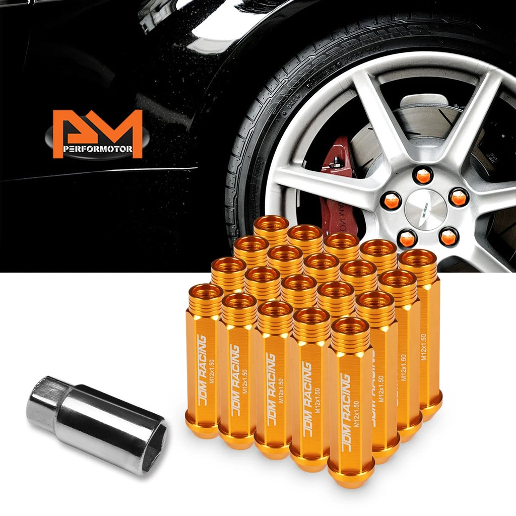 Set of 20 M12X1.5 Orange JDM Open End Conical Wheel Lug Nuts + Extension 25mmx90mm