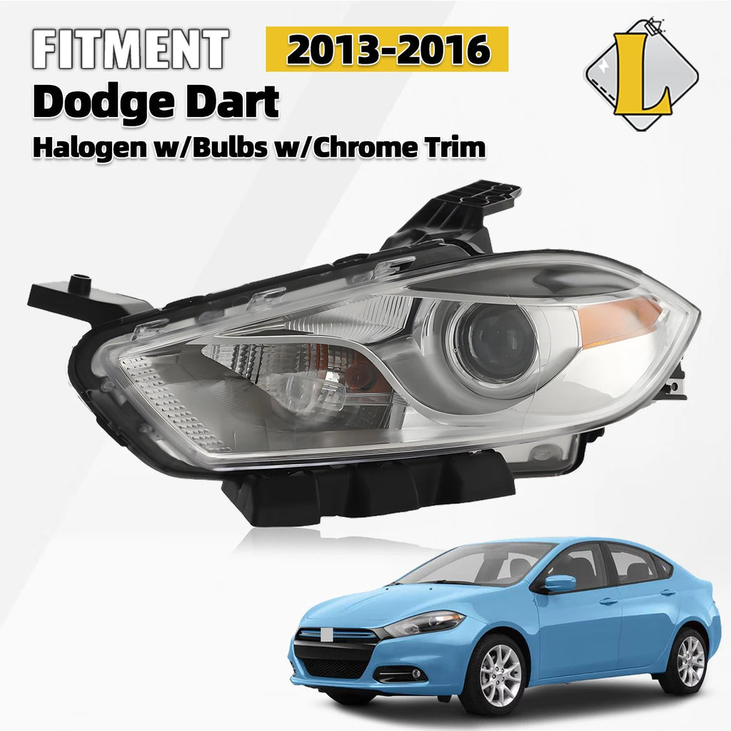Halogen Headlight for Dodge Dart (2013–2016) w/Chrome Trim, Left Side