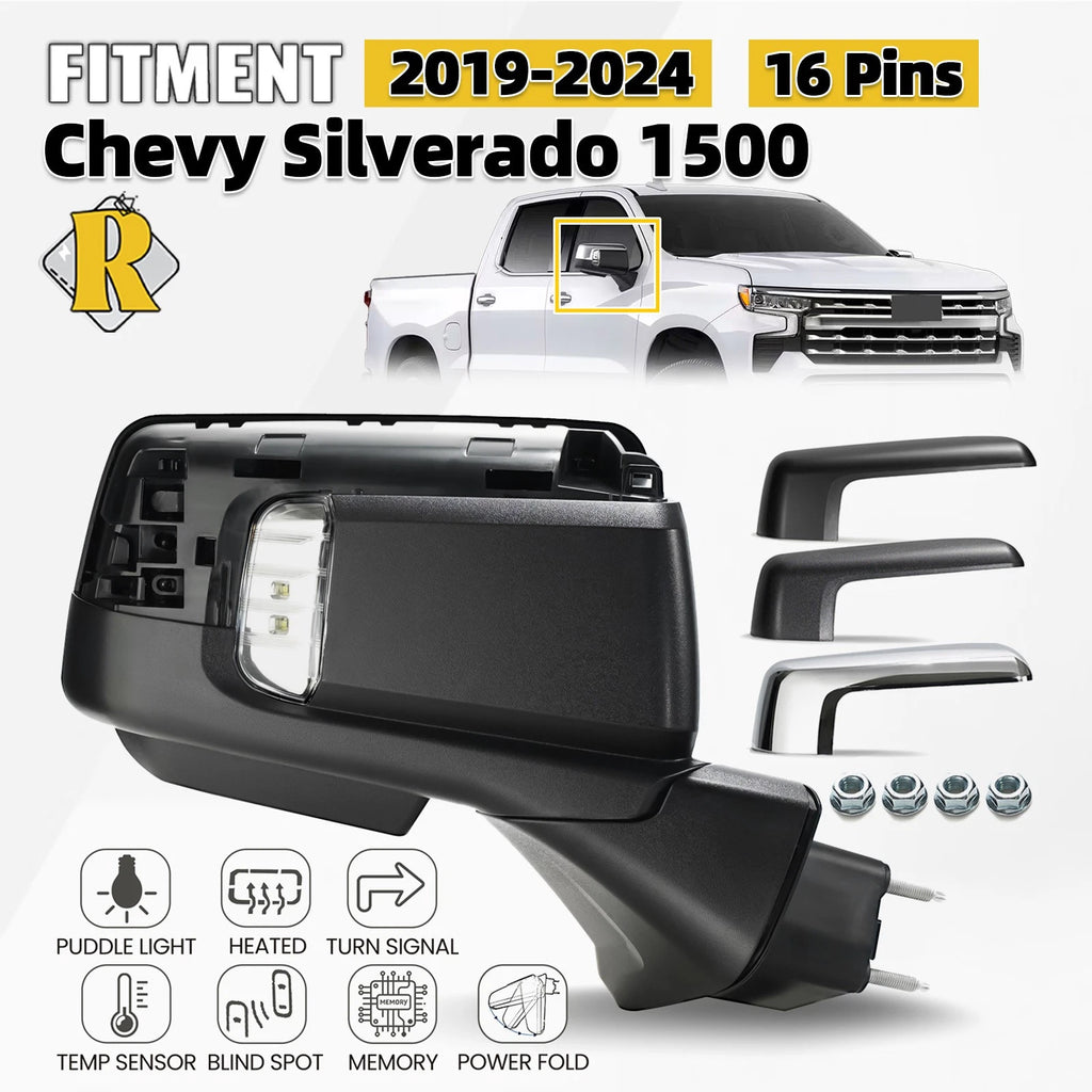 Side Mirror for Chevy Silverado 1500 (2019–2024) w/ BSD, Memory, Temp, 16 Pin