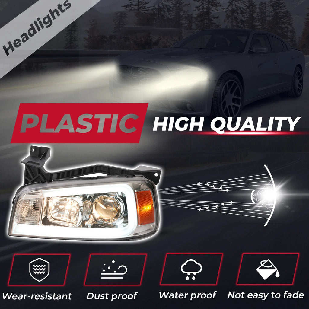 Chrome LED Tube Projector Headlights for Dodge Charger (2006-2010)