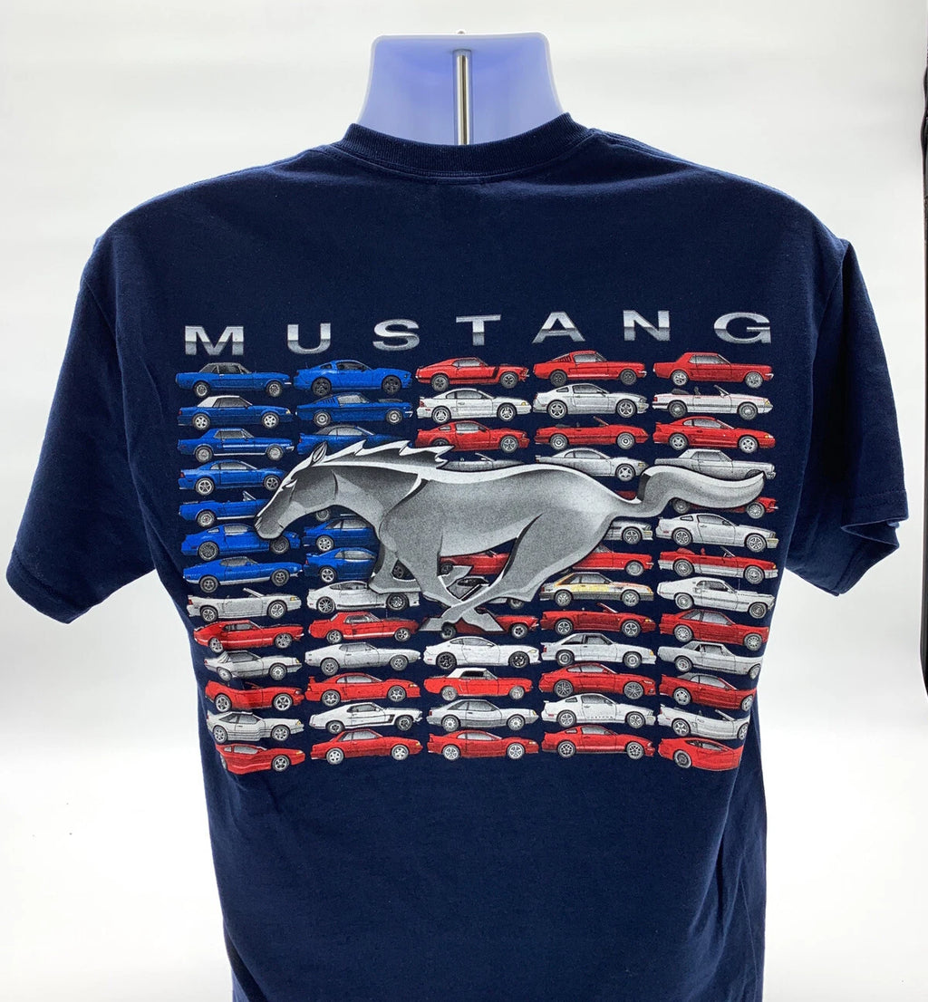 Licensed Ford Mustang T-Shirt Navy Blue American Flag and Pony Logo (2005–2014)
