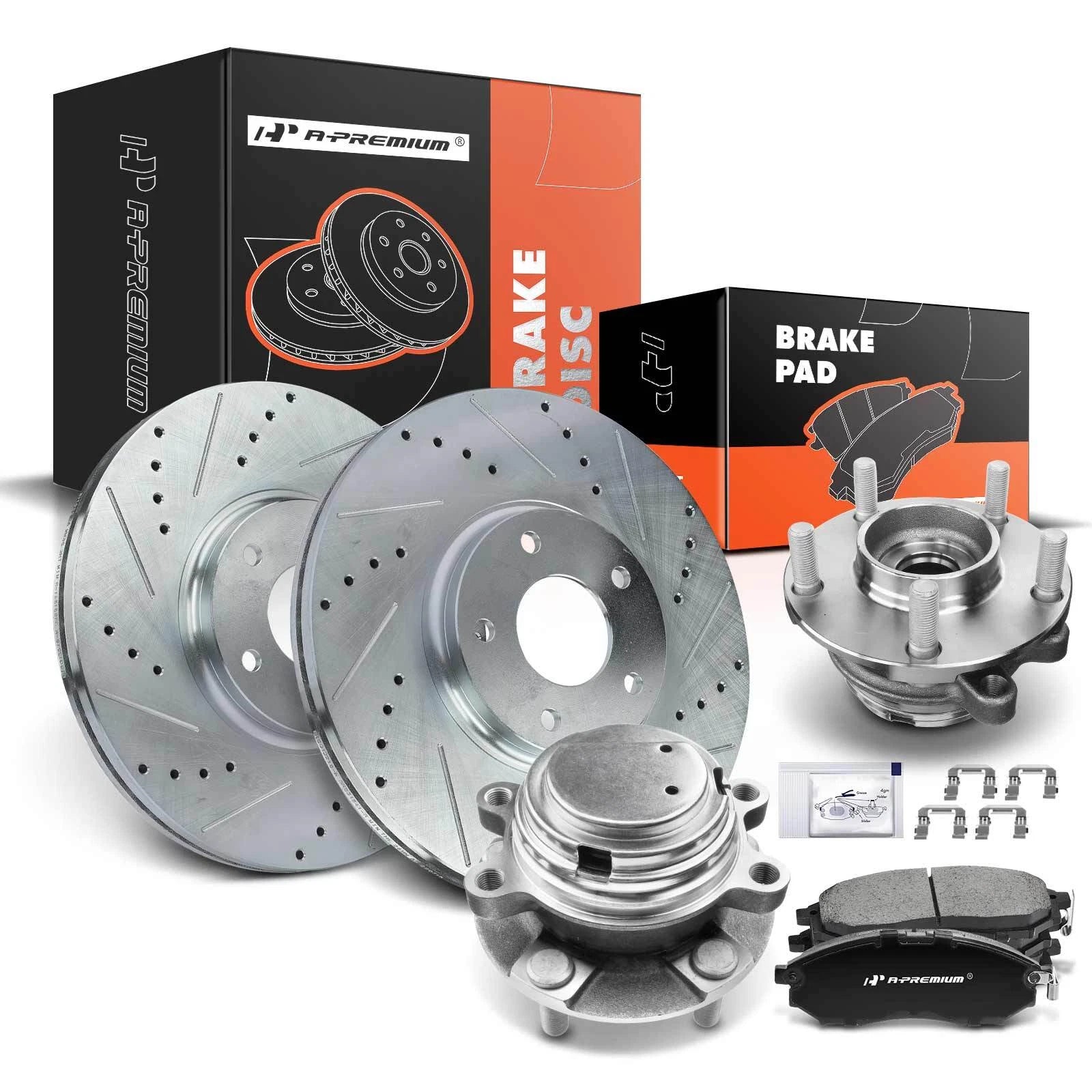 Front Drilled Rotors, Brake Pads & Wheel Hub Bearings for Infiniti 370Z (2009–2020)