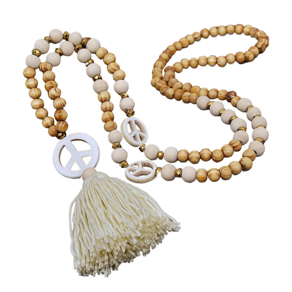 2X Bohemian Long Necklace Tassel Peace Sign Wood Beaded Fringe Pendant