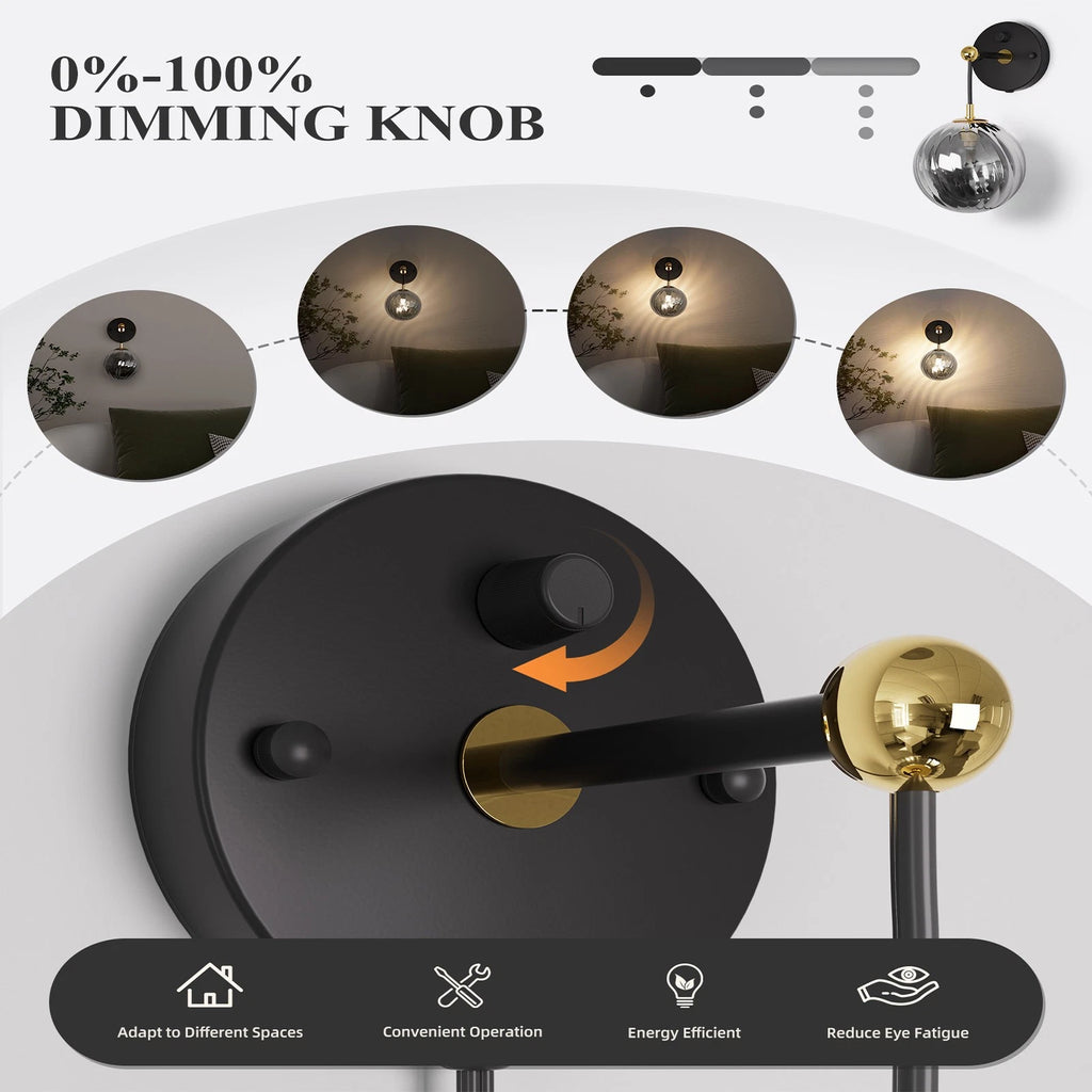 Dimmable LED Wall Sconce Glass Globe Shade for Bedside Nightstand