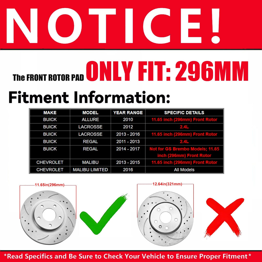 Front Drilled Disc Brake Rotors & Pads for Chevrolet Malibu (2013–2015) 11.65 in
