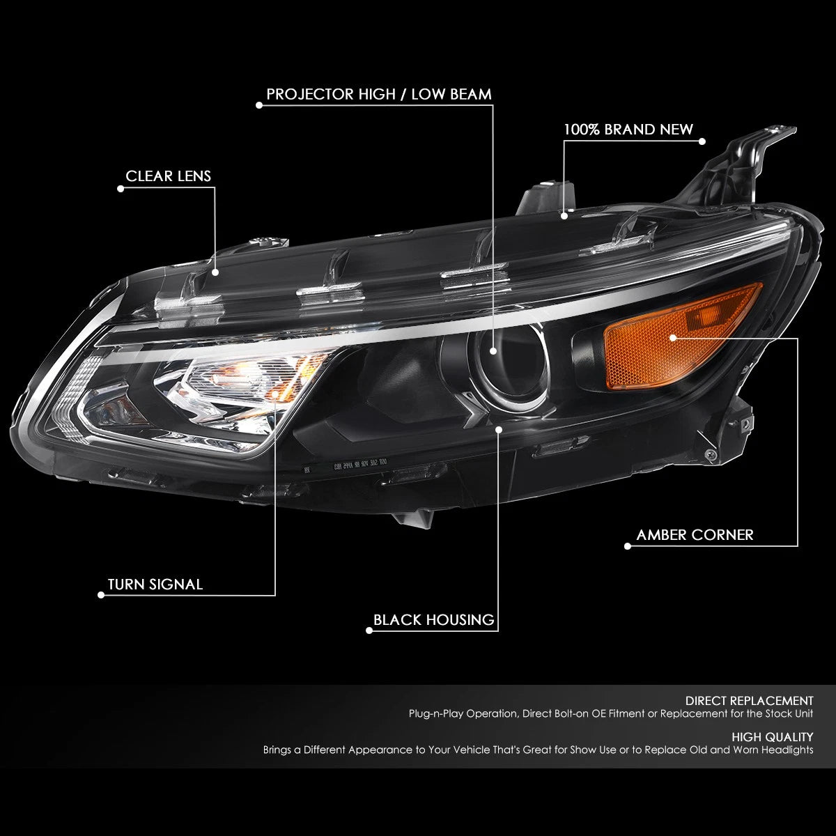 Left Driver Side Projector Headlight Assembly for Chevy Malibu (2016–2018)