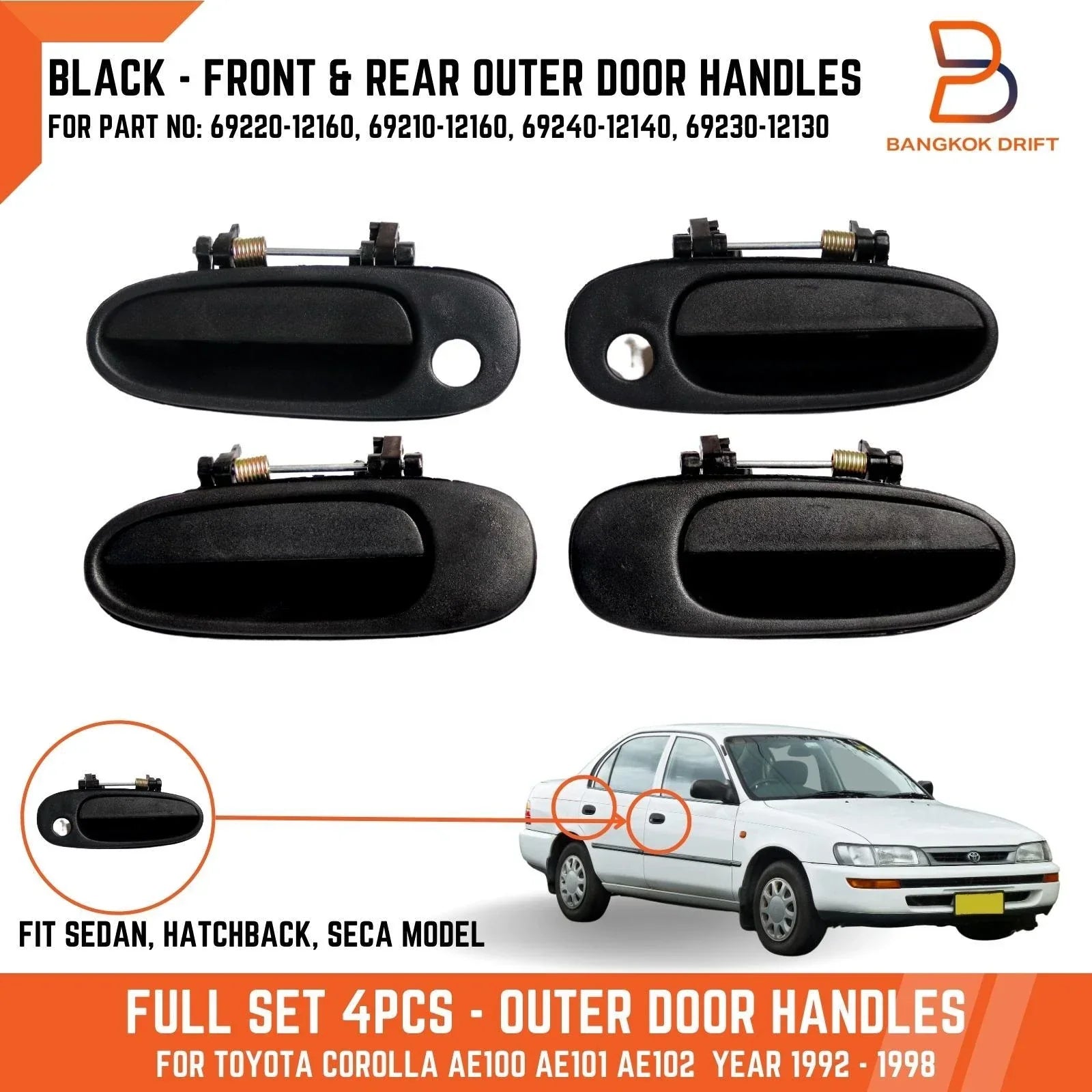 Black Outer Door Handles for Toyota Corolla AE100 AE101 AE102 (1992-1998)
