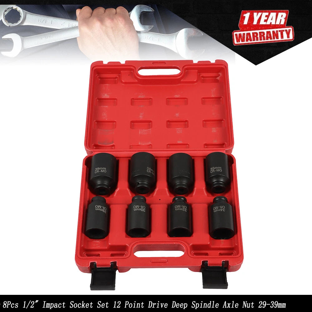 Set of 8 Deep Impact Sockets for Spindle Axle Nut (29-39mm)