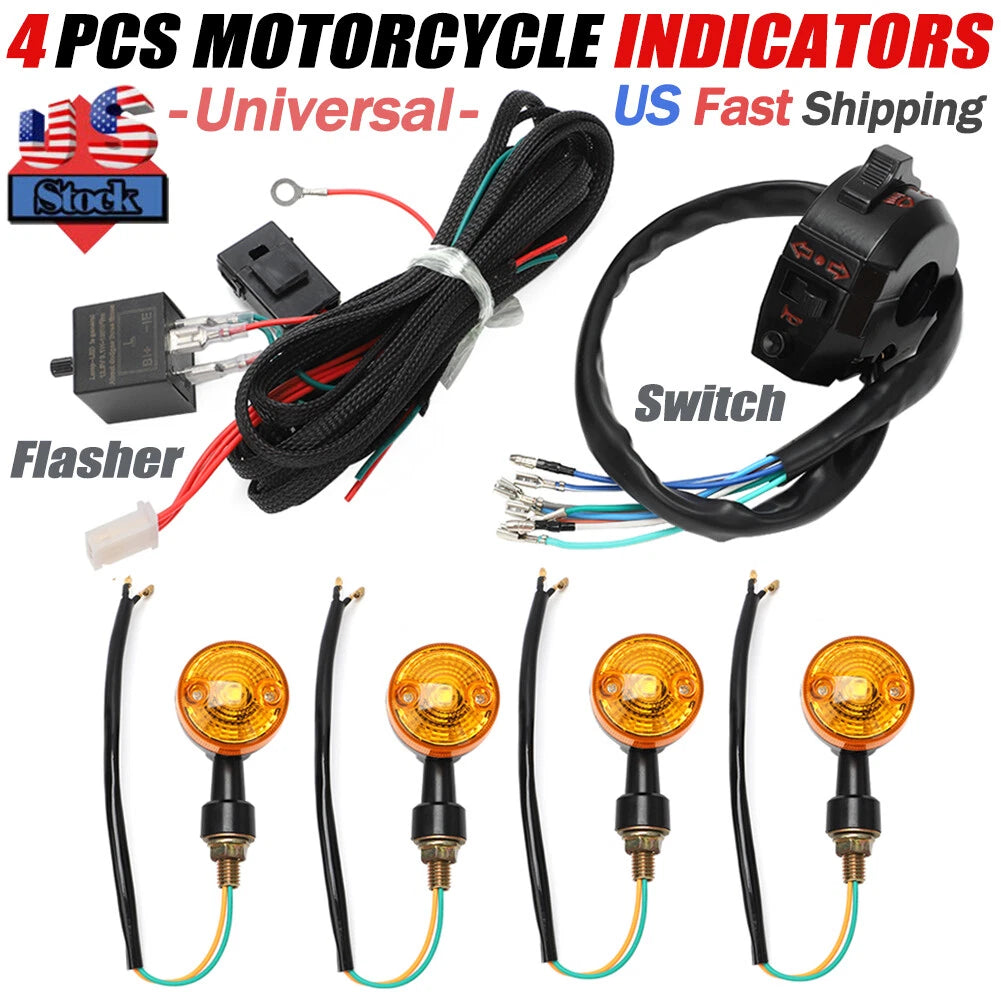 Set of 4 Universal Motorcycle Indicator Wiring Loom Harness Relay Turn Signals