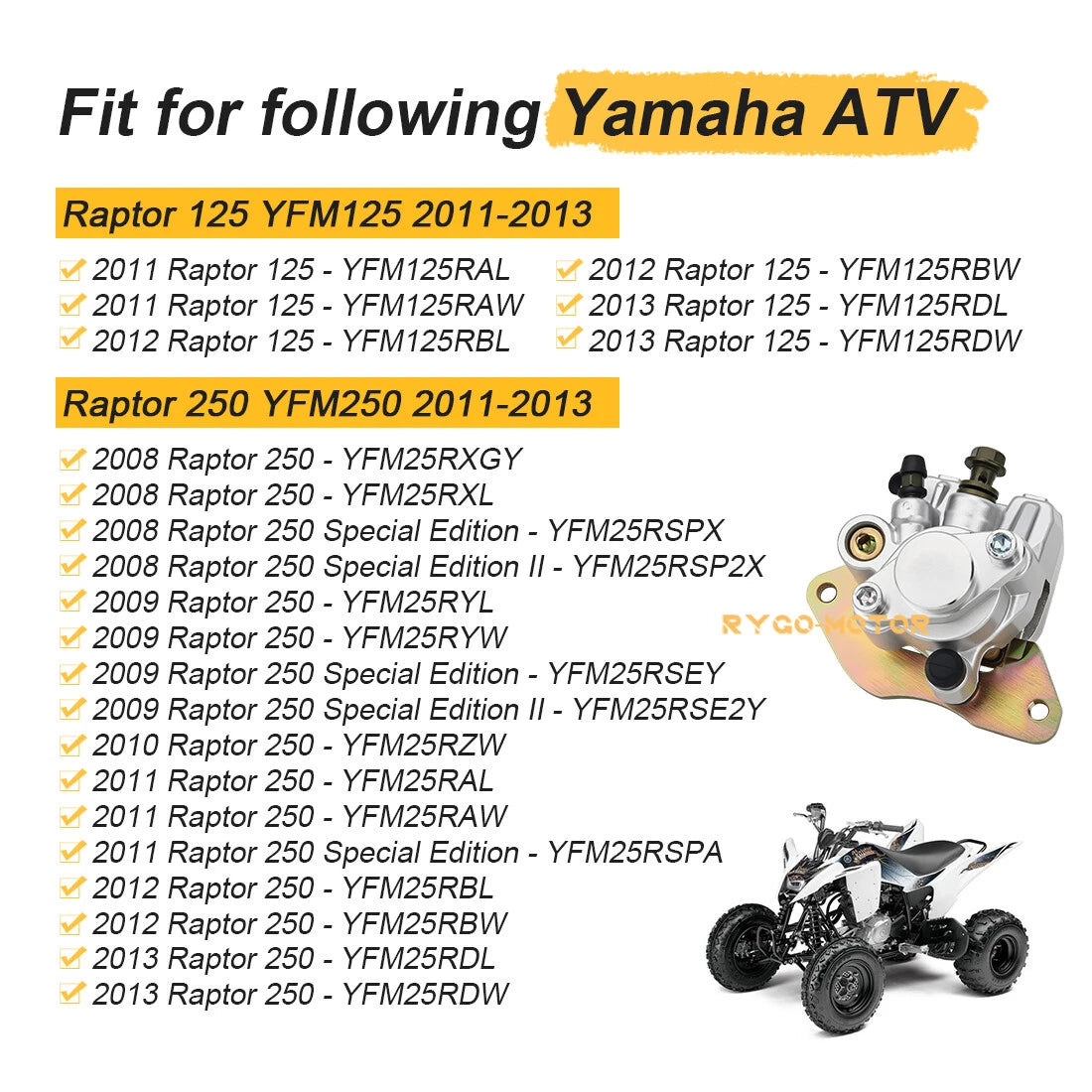 Rear Brake Caliper & Pads for Yamaha Raptor 125 250 350 (2001–2018)