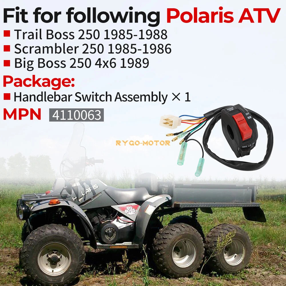 Headlight On Off Handlebar Start Stop Switch for Polaris Trail Boss Big Boss 250 (1990–1998)