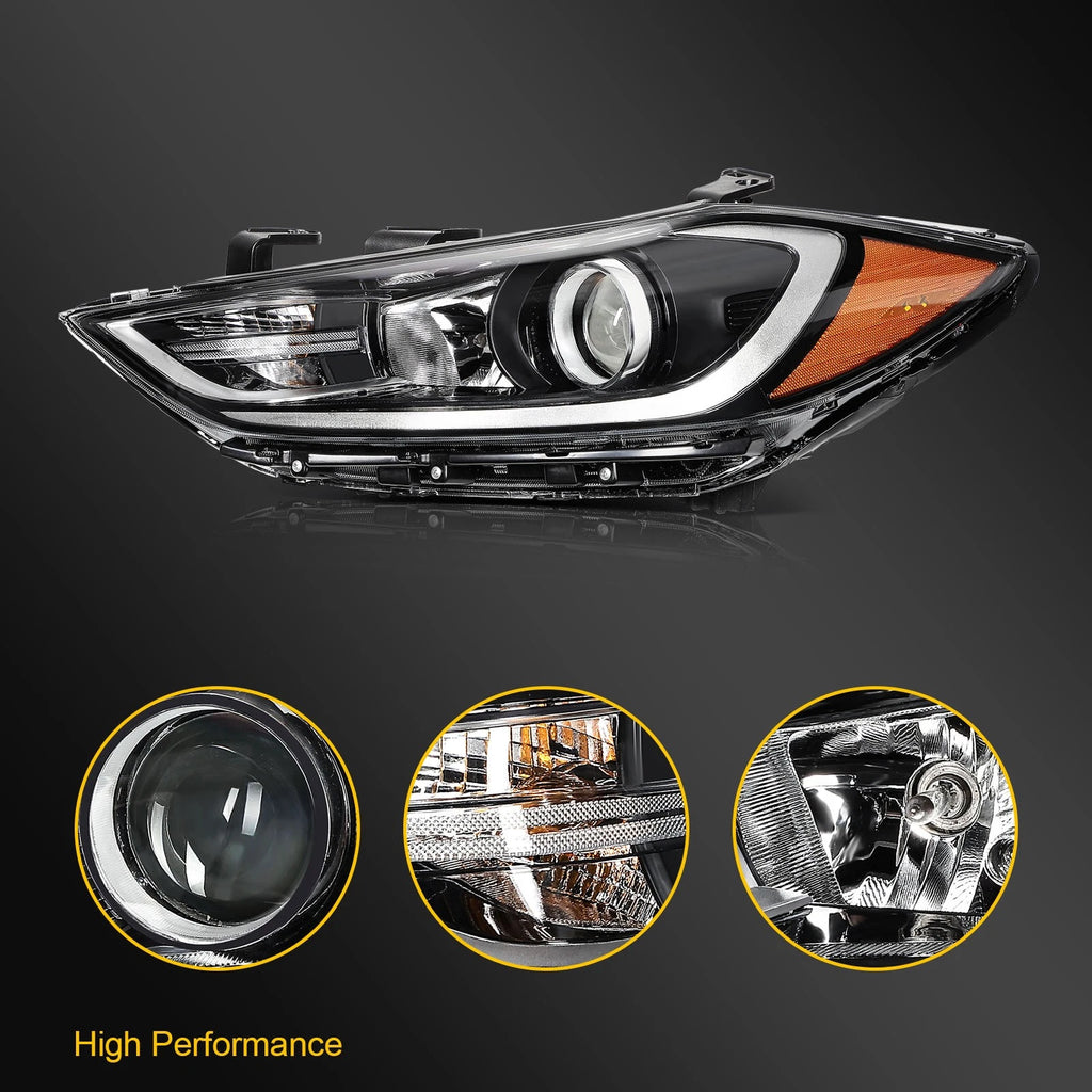 Driver Side Black Headlight Assembly for Hyundai Elantra (2017–2018)