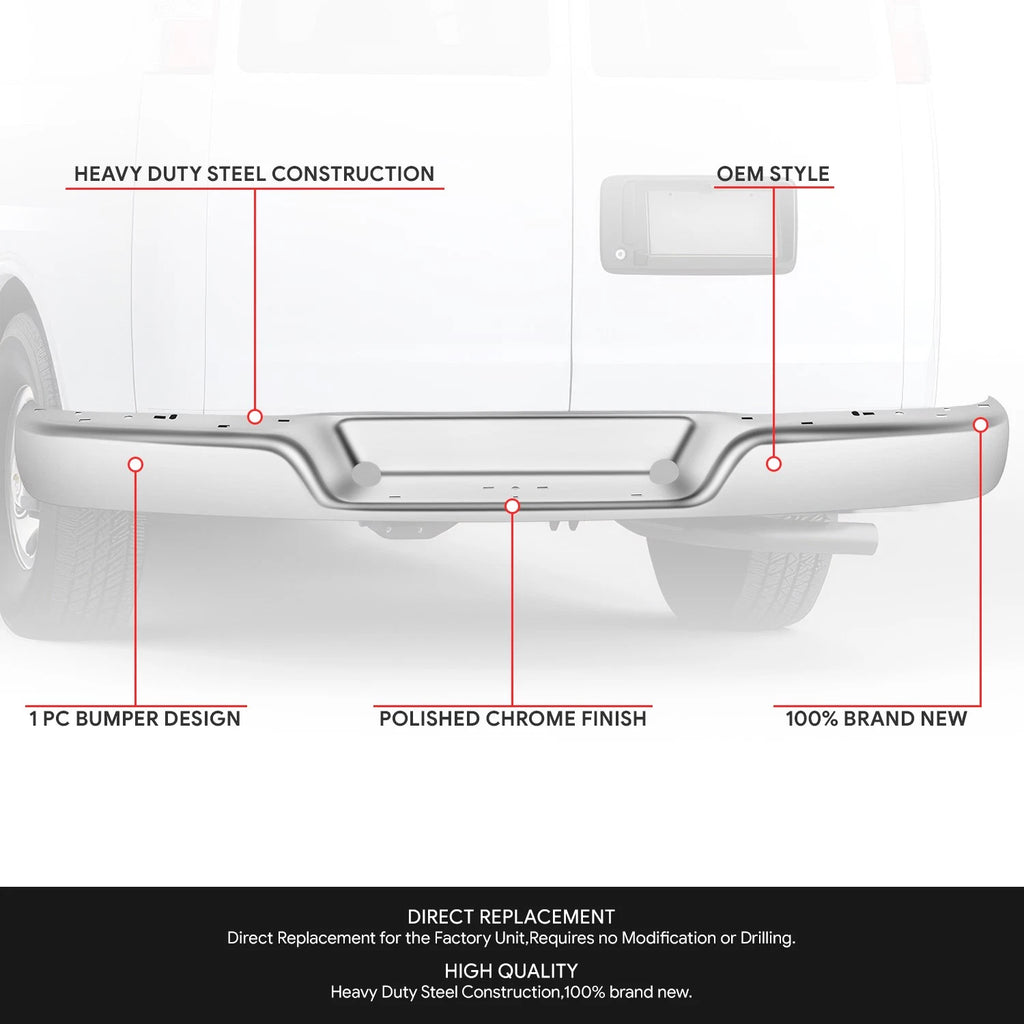 Chrome Rear Bumper Cover for Chevrolet Express/GMC Savana 1500 2500 3500 (1996–2023)