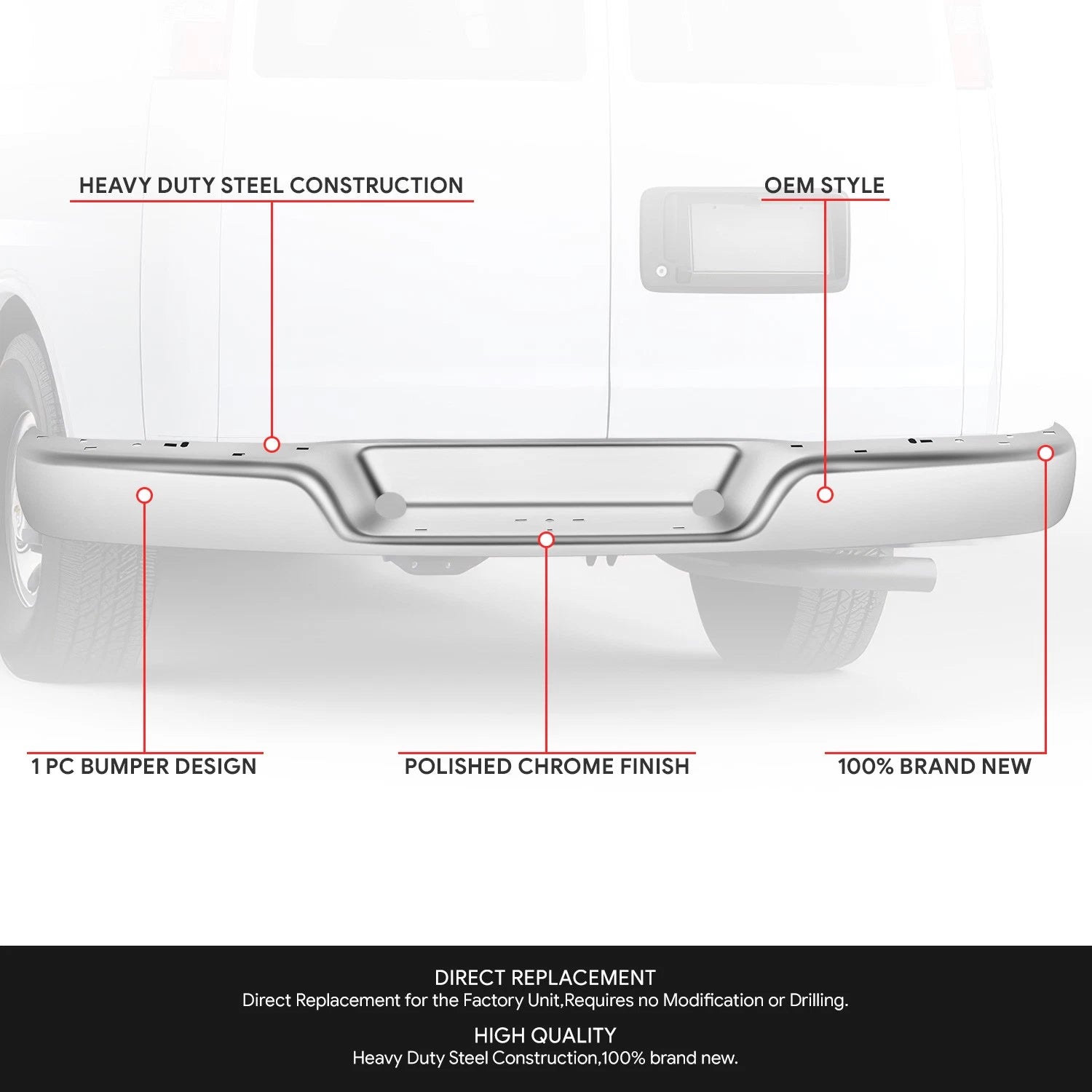 Chrome Rear Bumper Cover for Chevrolet Express/GMC Savana 1500 2500 3500 (1996–2023)