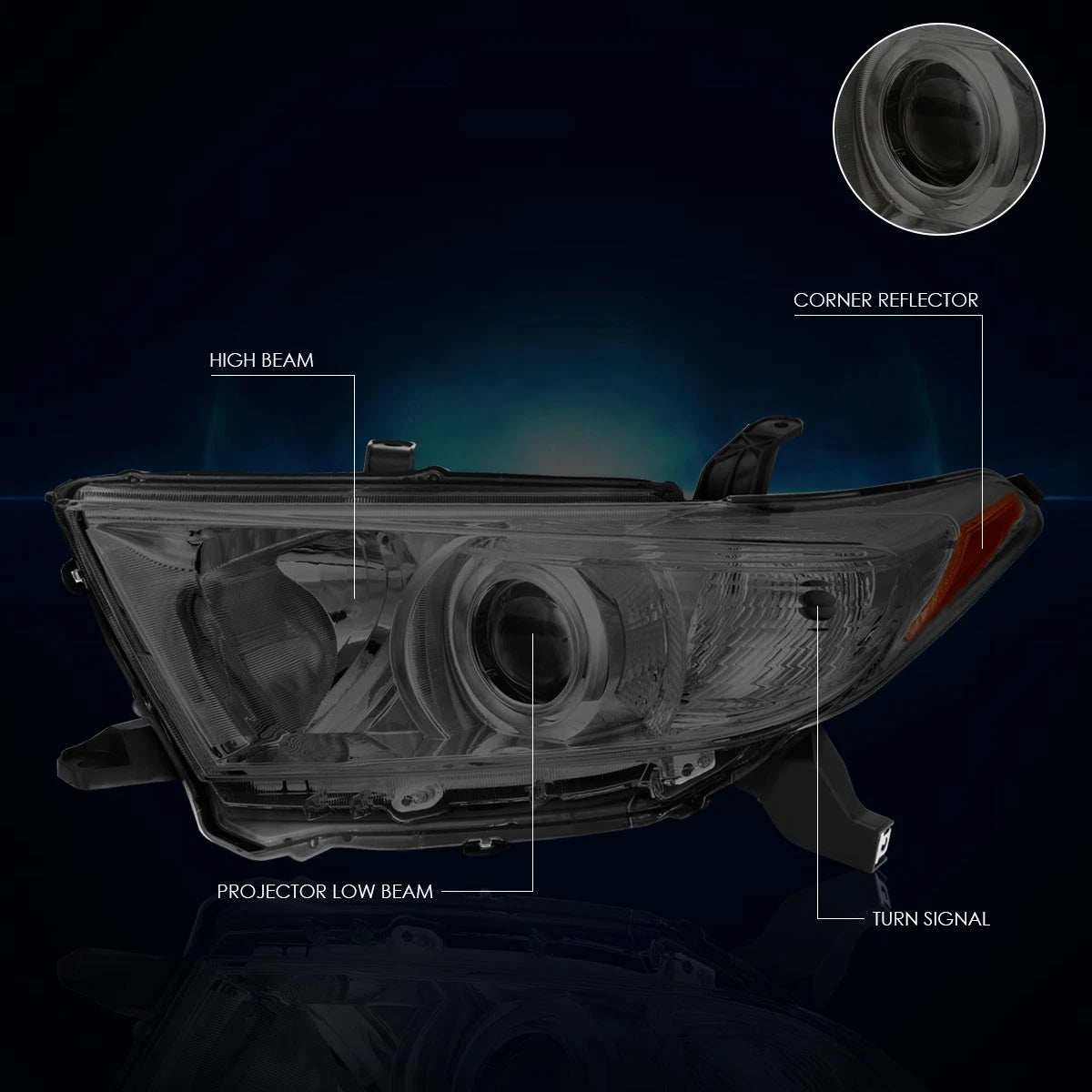 Smoked Lens Amber Corner Projector Headlight for Highlander (2011–2013)