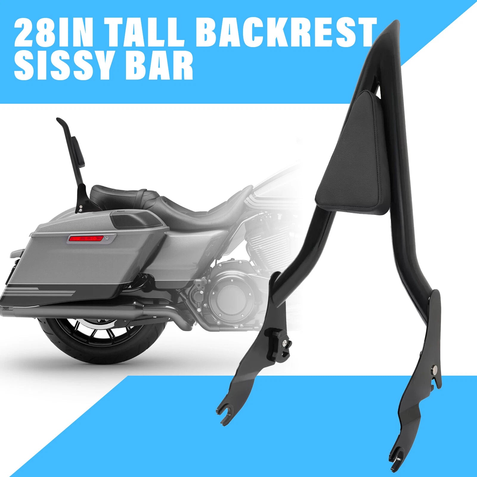 28" Tall Backrest Sissy Bar for Harley Touring Road King Glide (2009–2025)
