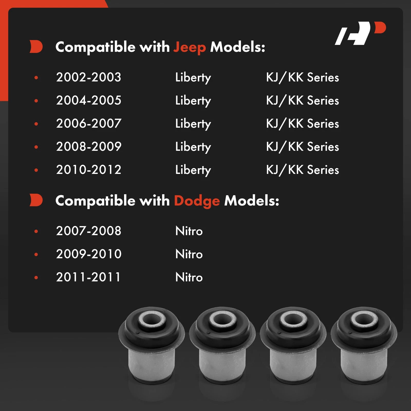 Set of 4 Front Upper Bushings for Jeep Liberty (2002–2012) Dodge Nitro