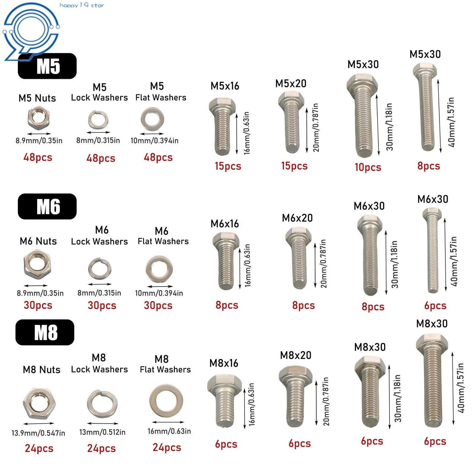 Set of 408 Bolts and Nuts Assortment Kit for Automotive Applications