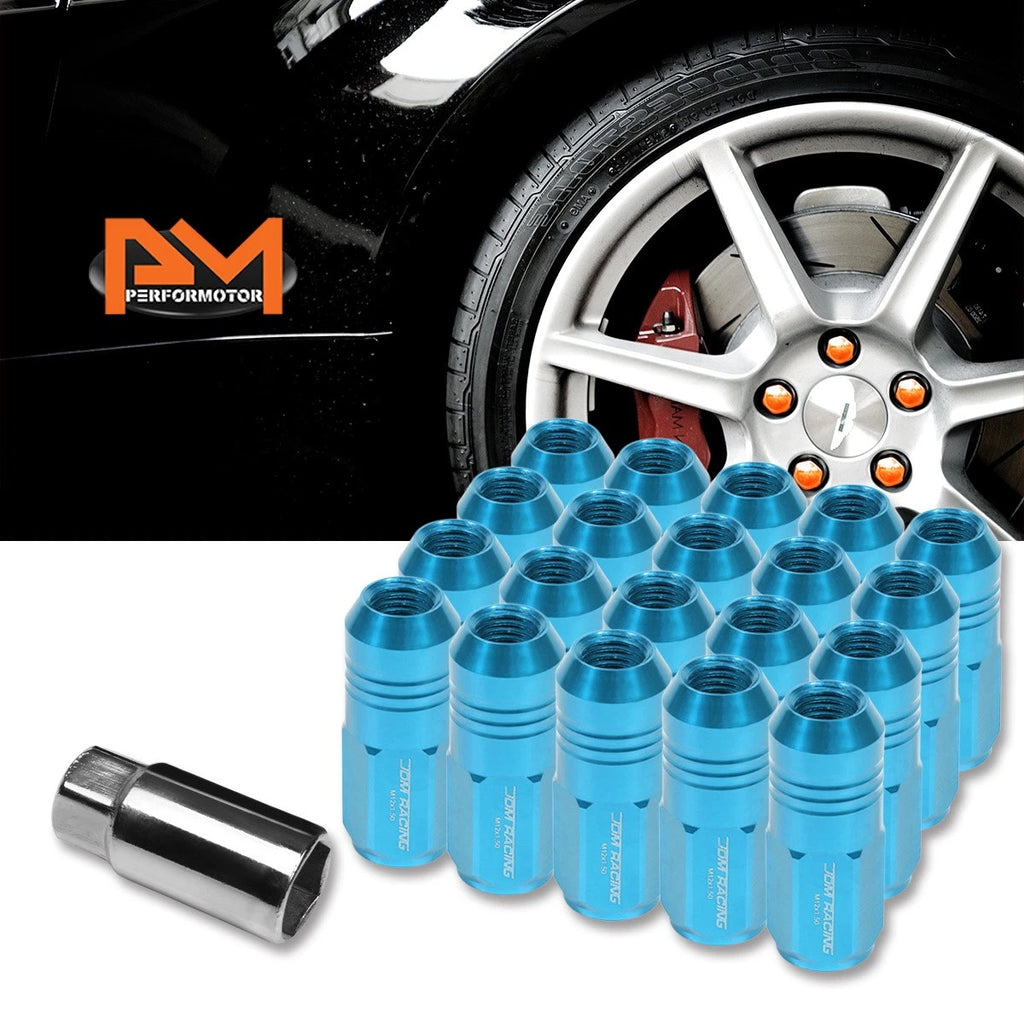 Set of 20 M12X1.5 Sky Blue JDM Closed End Cone Hex Wheel Lug Nuts + Extension 20mm x 50mm