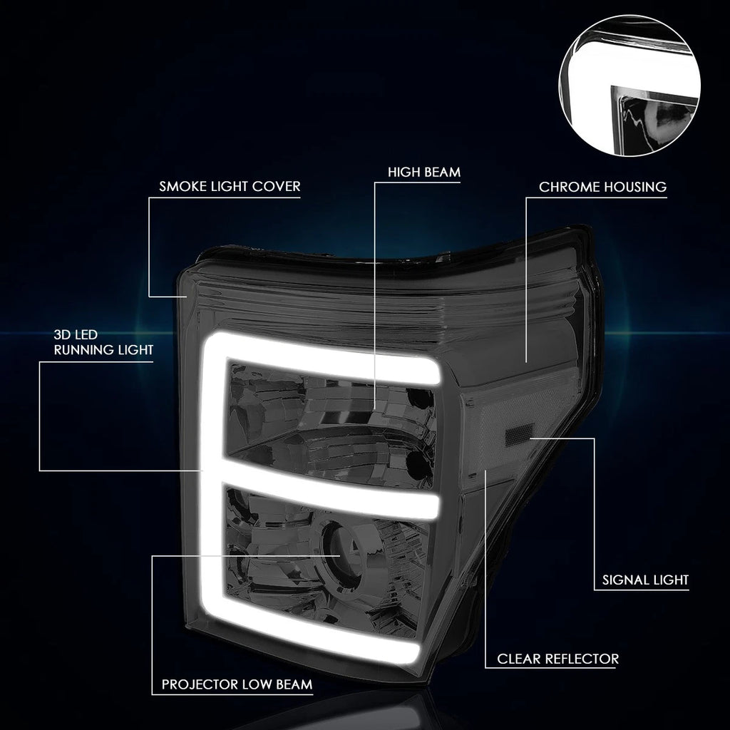 3D E-Shape LED DRL Projector Headlights for Ford Super Duty (2011–2016)