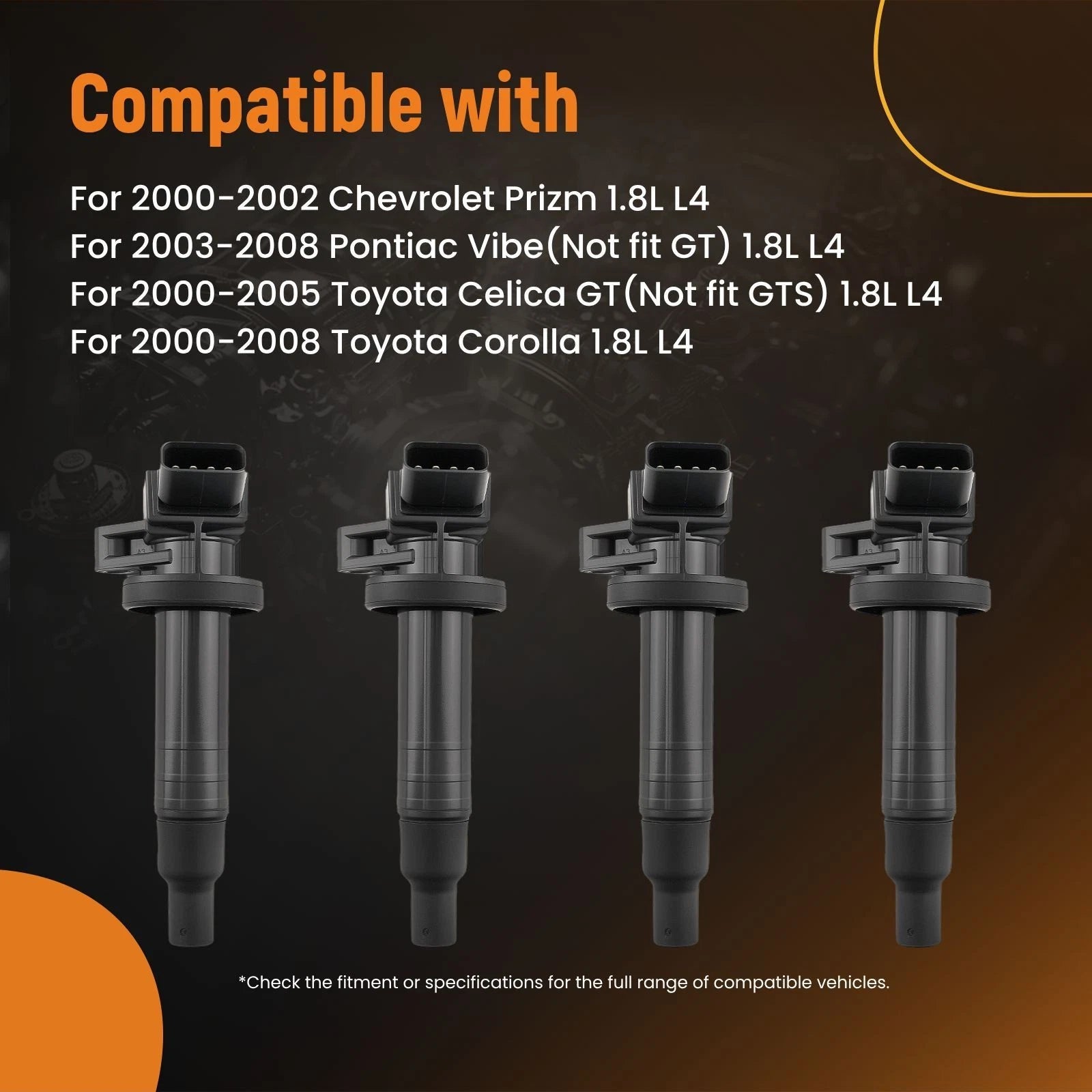 Set of 4 Ignition Coils for Toyota Corolla Celica Matrix (2000-2008)