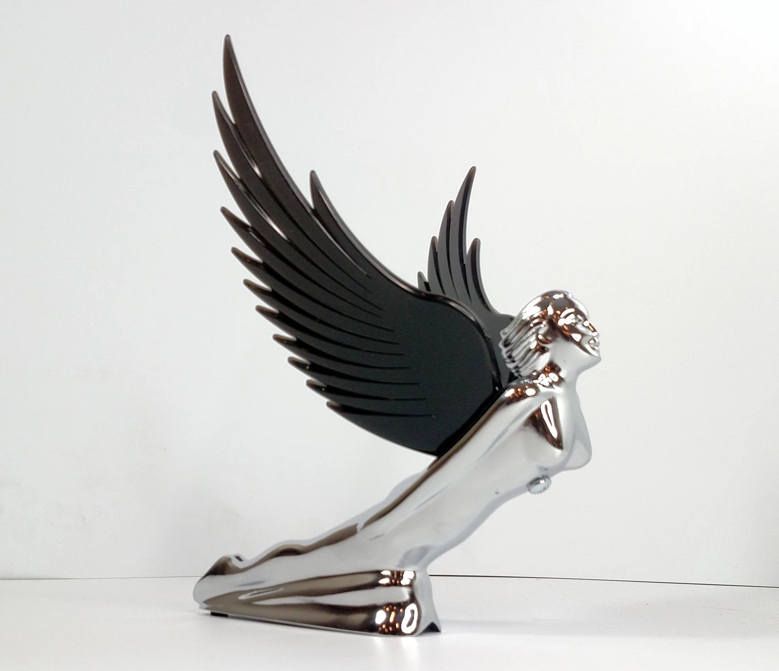 Hood Ornament Flying Goddess Chrome with Black Wings for Universal Models
