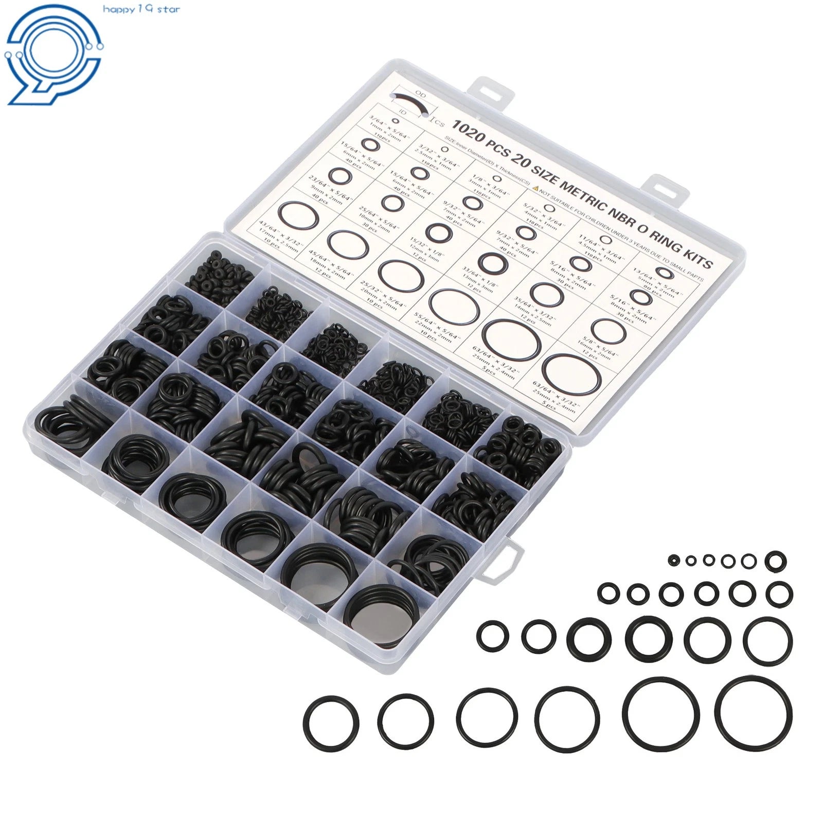 Nitrile Rubber O-Ring Assortment Set of 1020 Pieces, 20 Sizes