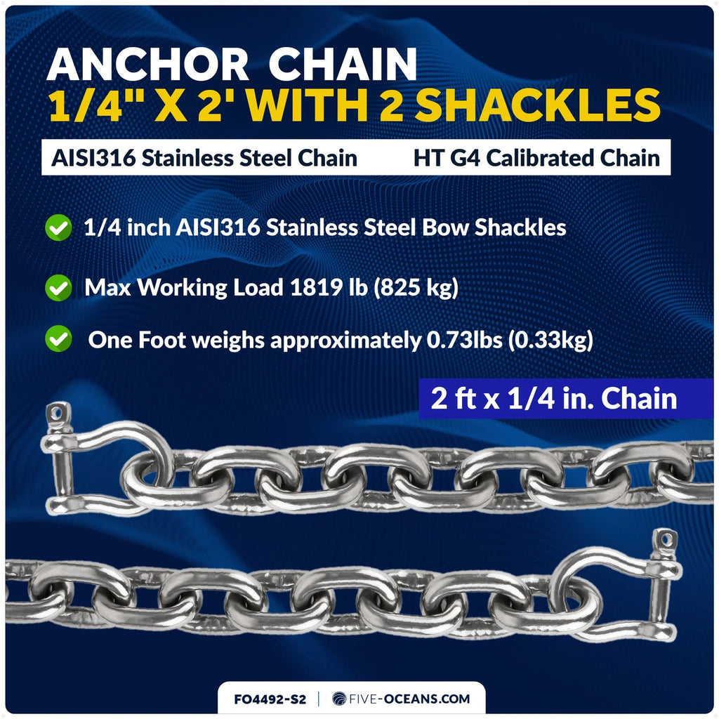 1/4" x 2' Stainless Steel Lead Chain with Shackles for Boat Anchor