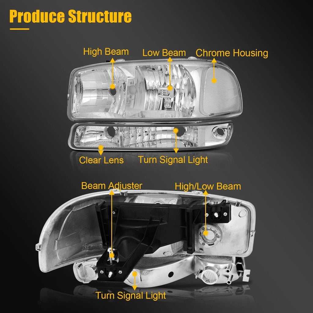 Chrome Headlight Assembly and Bumper Lamps for GMC Sierra 1500 2500 3500 (1999–2007)