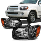 Set of 2 Black Amber Headlights for Toyota Tundra Sequoia (2005–2007)