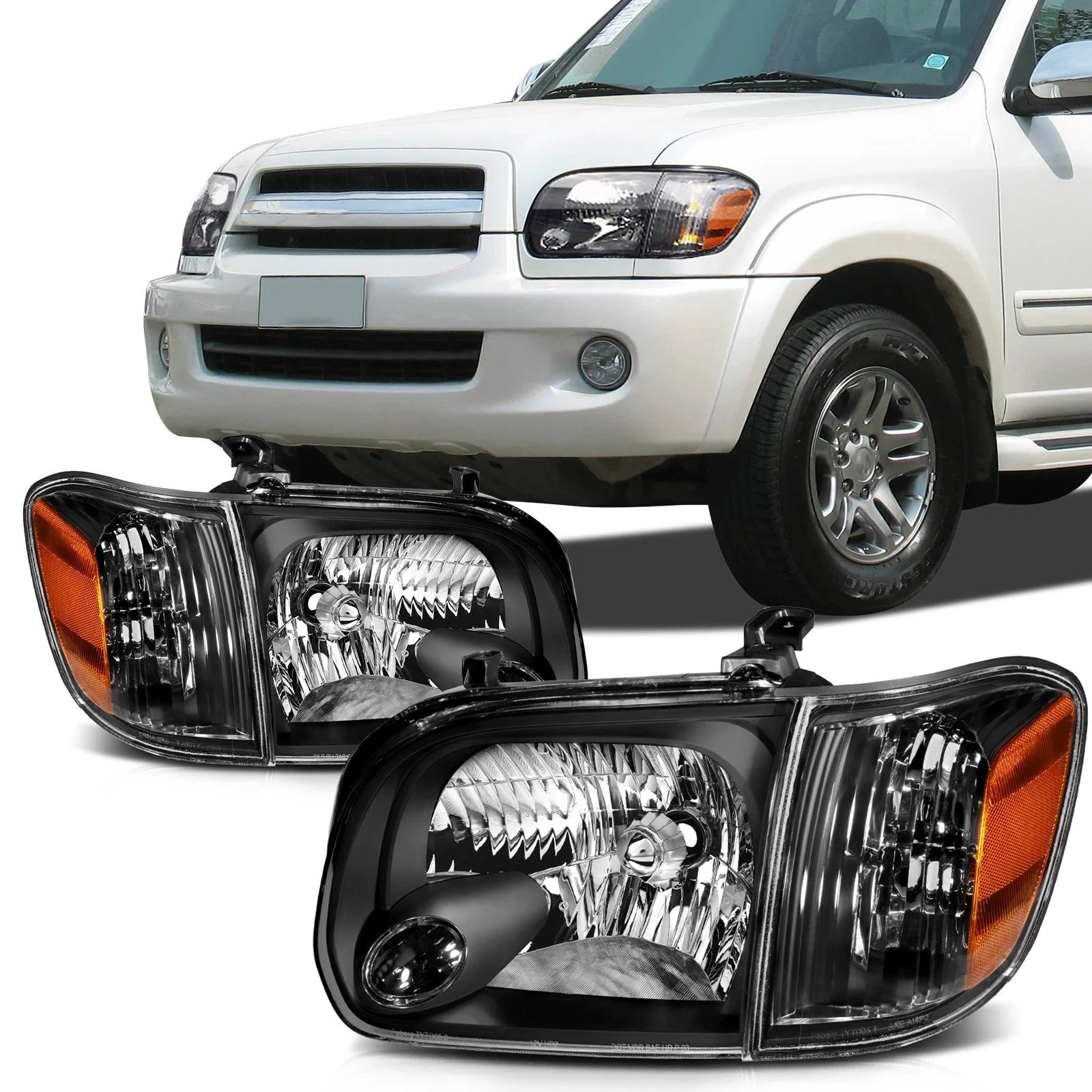 Set of 2 Black Amber Headlights for Toyota Tundra Sequoia (2005–2007)