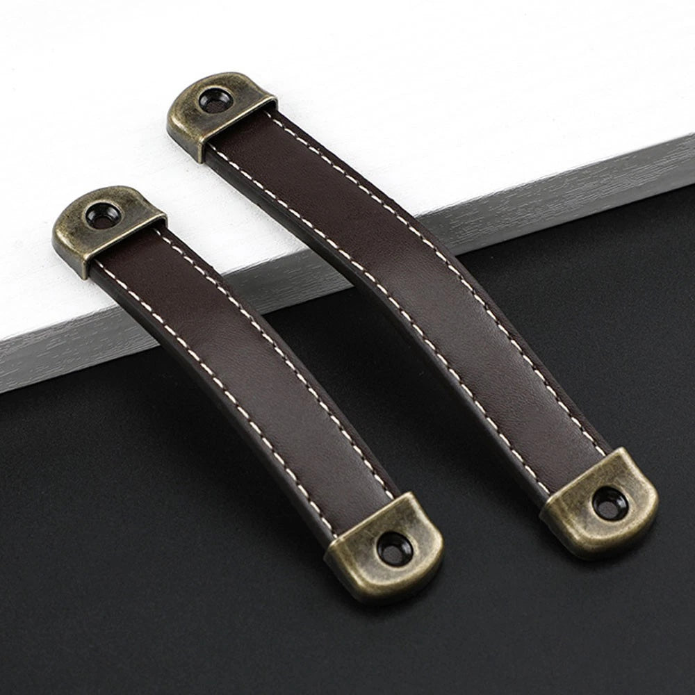 2Pcs Antique Leather Door Pull Handle for Cabinet Bookcase Drawer
