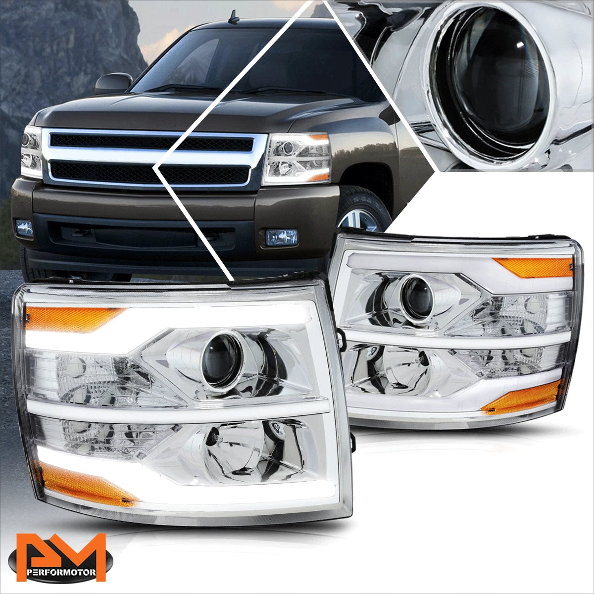 Dual LED DRL Bar Projector Headlight for Chevy Silverado (2007–2014)