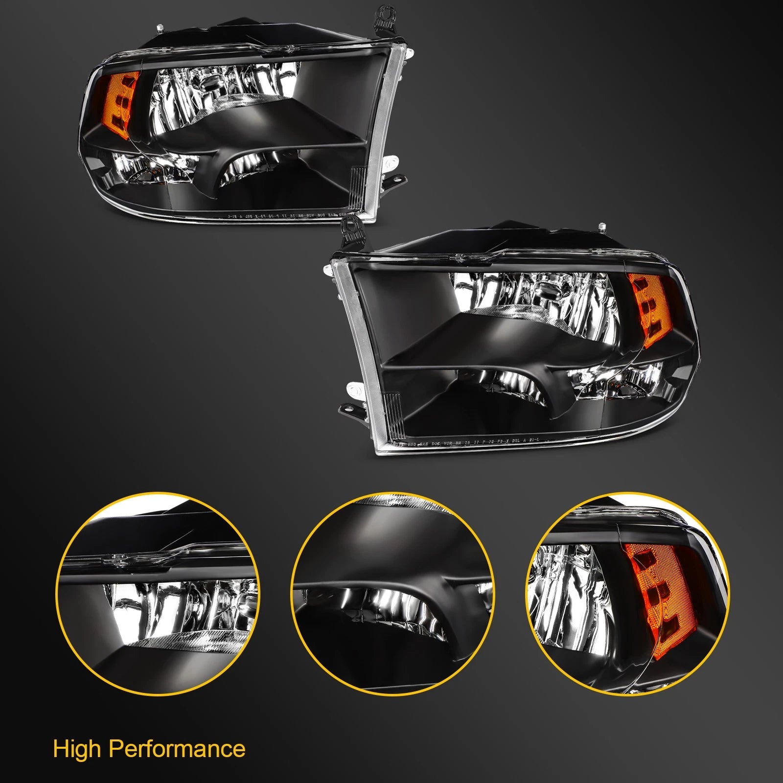 2X Headlights for Dodge Ram 1500 2500 3500 (2009–2018) Quad Black Housing