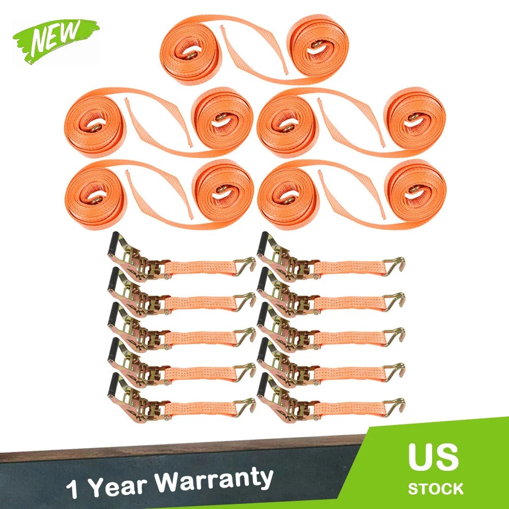 Set of 10 Heavy Duty 1.5" x 15' Ratchet Straps with J Hook