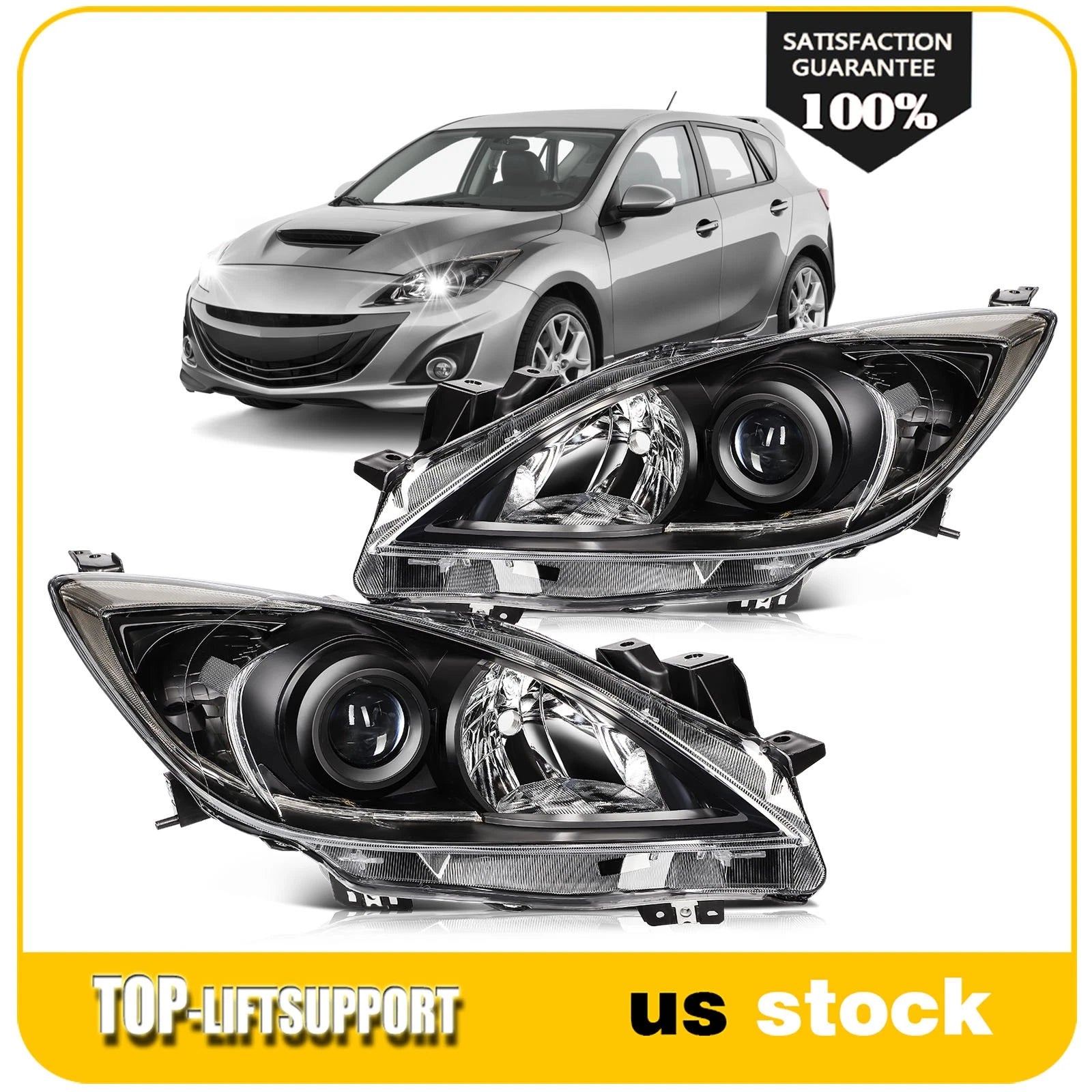 2X Headlight Assembly for Mazda 3 (2010–2013) Black Housing