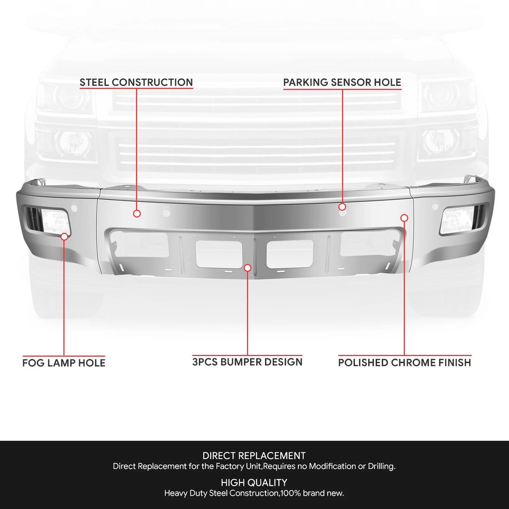 Front Bumper Face Bar with Fog Lamps & Parking Chrome for Chevy Silverado 1500 (2014–2015)