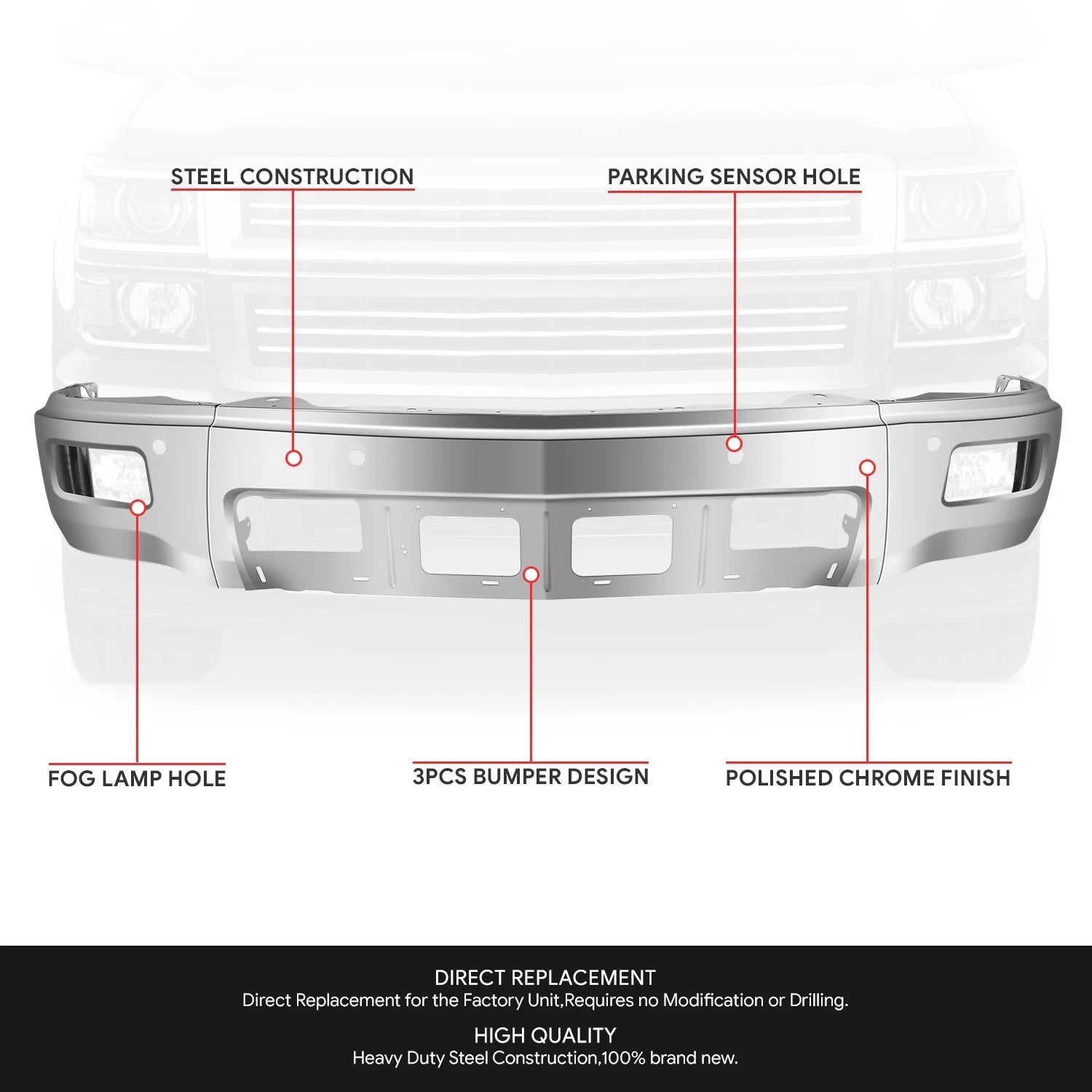 Front Bumper Face Bar with Fog Lamps & Parking Chrome for Chevy Silverado 1500 (2014–2015)