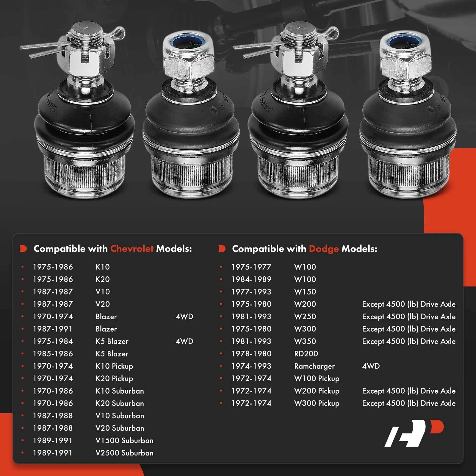 Set of 4 Front Lower & Upper Suspension Ball Joints for Chevy K5 Blazer