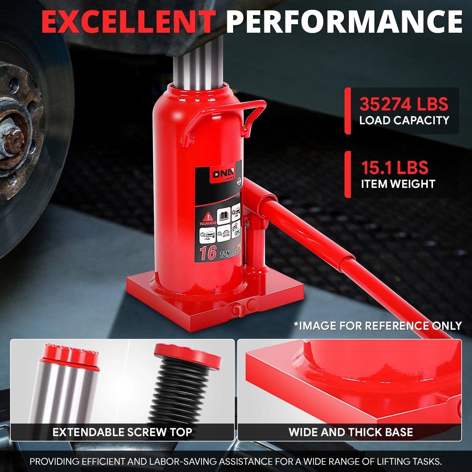 17.3" Red Hydraulic Bottle Jack for Automotive Repair (16 Tons)