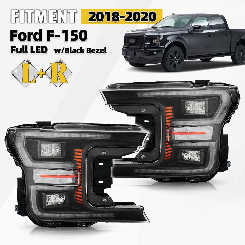 LED Headlight Set for Ford F-150 (2018–2020) w/Black Bezel & Module