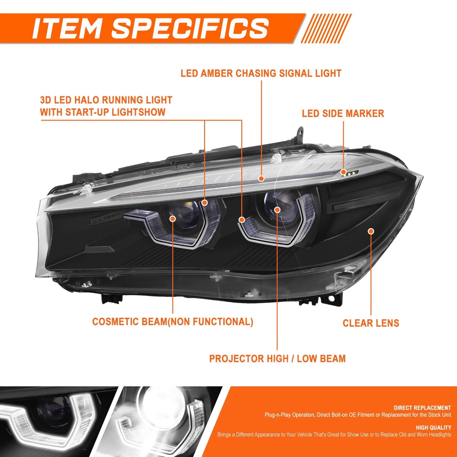 Projector Headlight LED Start-Up Animation for BMW X5 X6 (2014–2019)