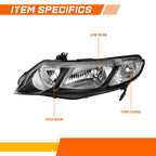 Headlight Set for Honda Civic Sedan (2006–2011) Black Housing Clear Corner