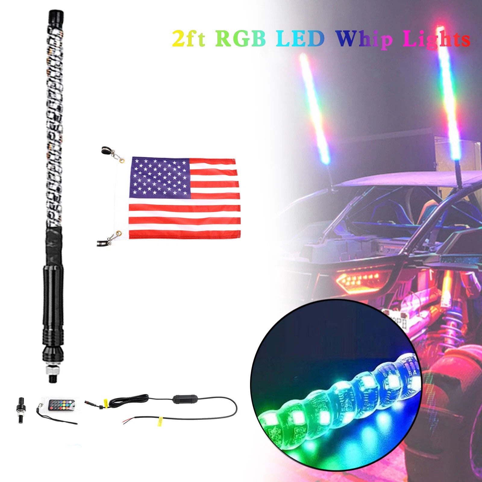 2ft RGB LED Whip Lights for Polaris UTV ATV (2010–2023)