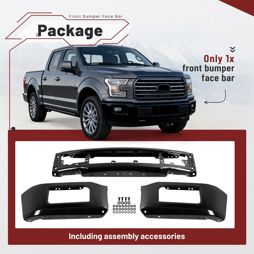 Steel Front Bumper Face Bar for Ford F-150 (2018–2020) - Black, Fog Holes