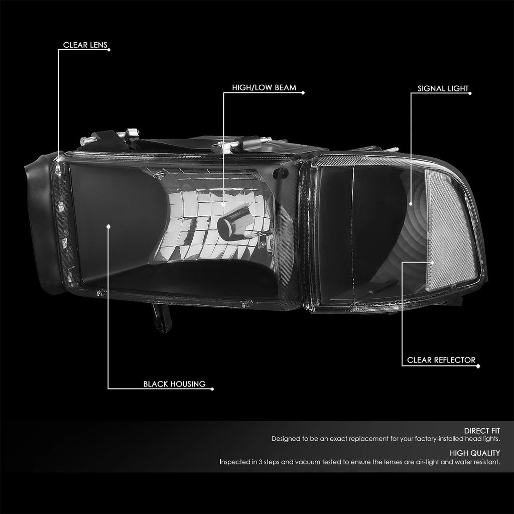 Black/Clear Side Headlight Lamps for Dodge Ram Pickup (1994–2002)