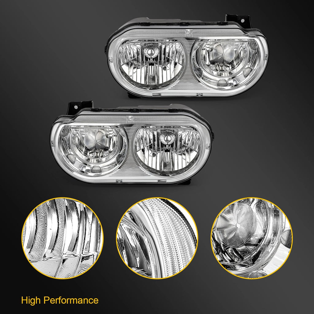 Set of 2 Headlight Assemblies for Dodge Challenger (2008–2014) Chrome Housing