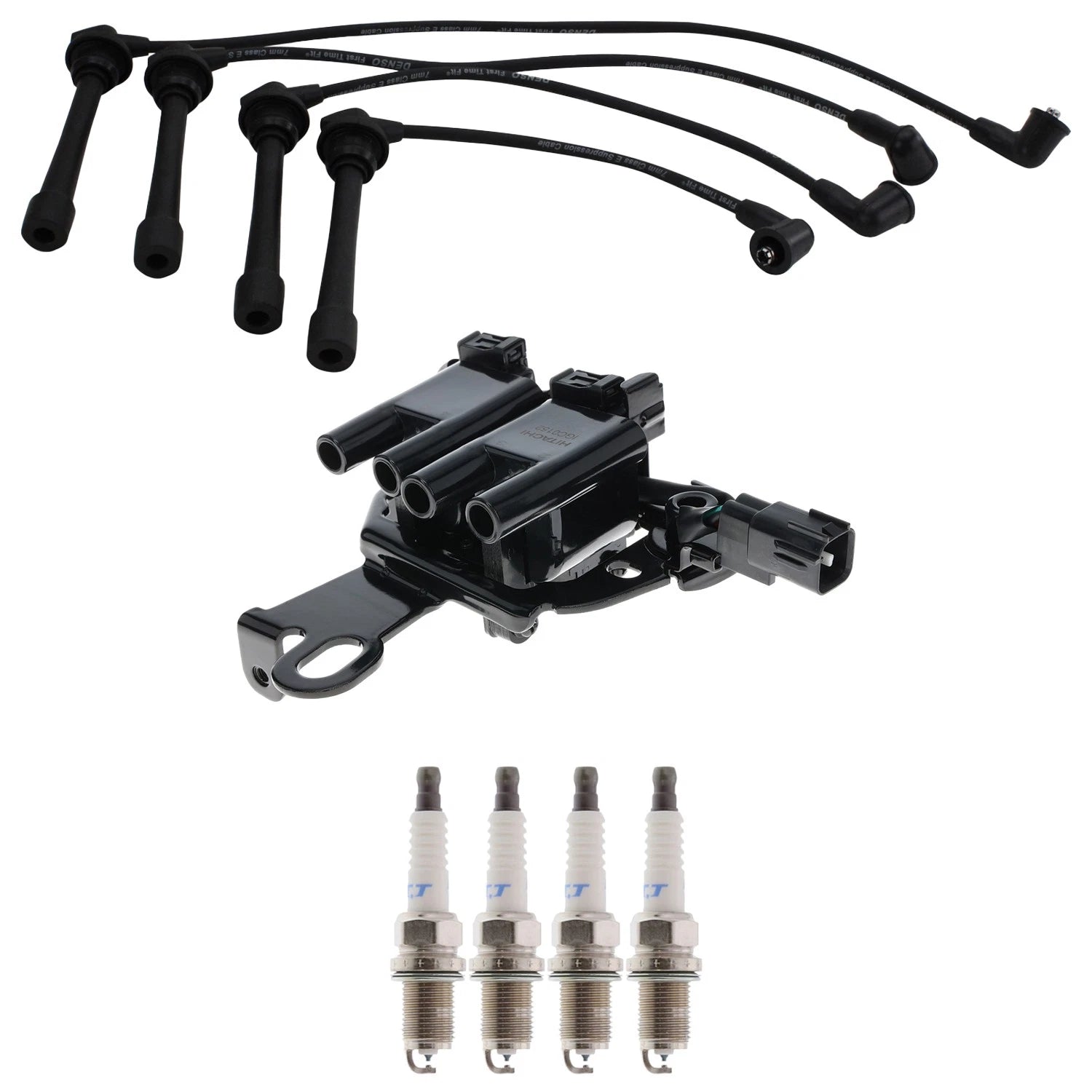 Set of 4 Hitachi Ignition Coils & Denso Platinum TT Spark Plugs for Elantra