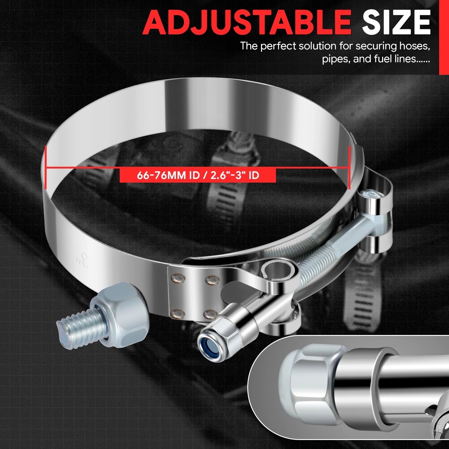 8x 66mm-76mm Adjustable ID Stainless Steel T-Bolt Clamp w/Nylon Lock Nut